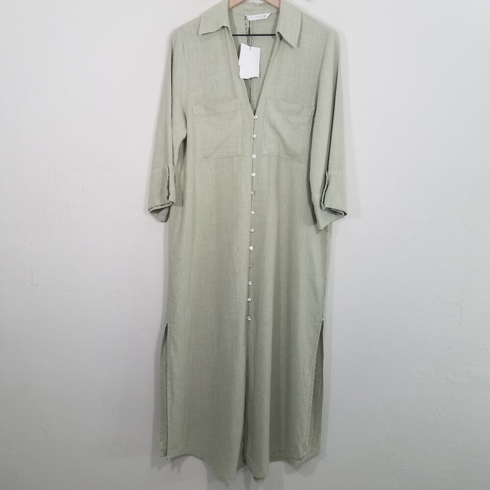 NWT Zara Tunic Maxi Dress Linen Blend Button-Up Green Oversized Minimalist XS